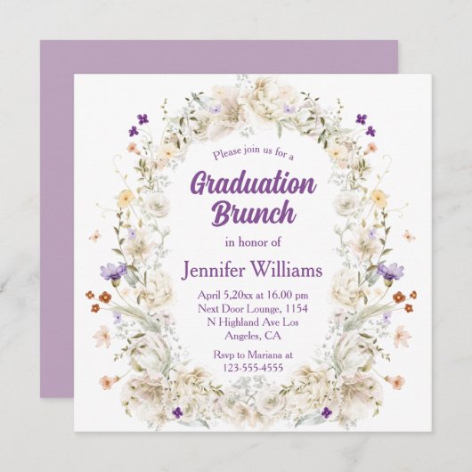 水彩フローラガーデンパープル卒業ブランチ 招待状 (正面/裏面)
