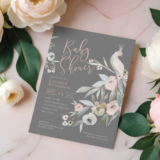 水彩フローラガーデンピーコックベビーシャワー 招待状
