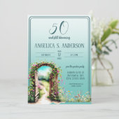 水彩フローラガーデンライトティール（緑がかった色）50誕生日 招待状 (スタンド正面)