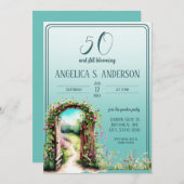 水彩フローラガーデンライトティール（緑がかった色）50誕生日 招待状 (正面/裏面)
