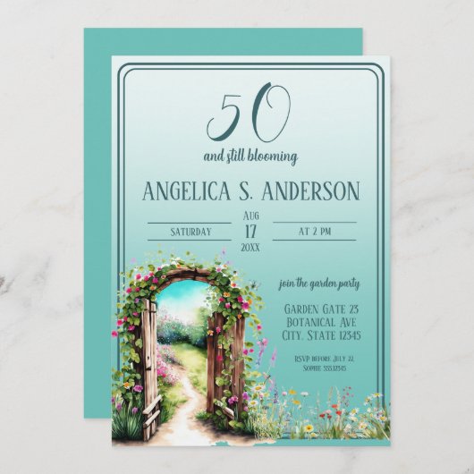 水彩フローラガーデンライトティール（緑がかった色）50誕生日 招待状 (正面/裏面)