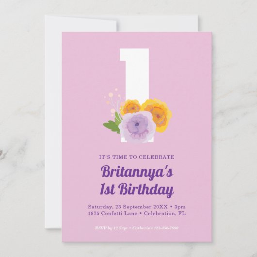 水彩フローラガールの最初の誕生日パーティー 招待状 (正面)