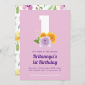 水彩フローラガールの最初の誕生日パーティー 招待状 (正面/裏面)