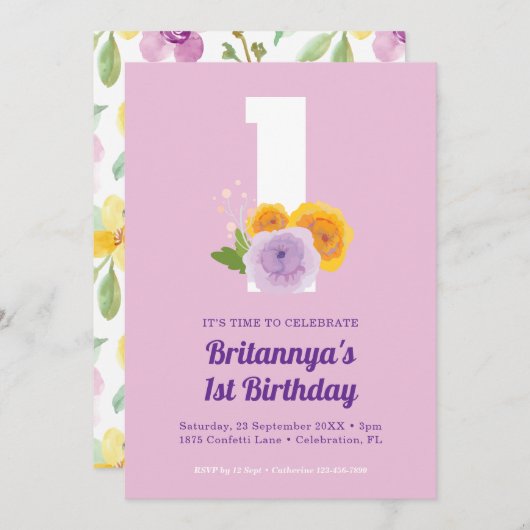 水彩フローラガールの最初の誕生日パーティー 招待状 (正面/裏面)