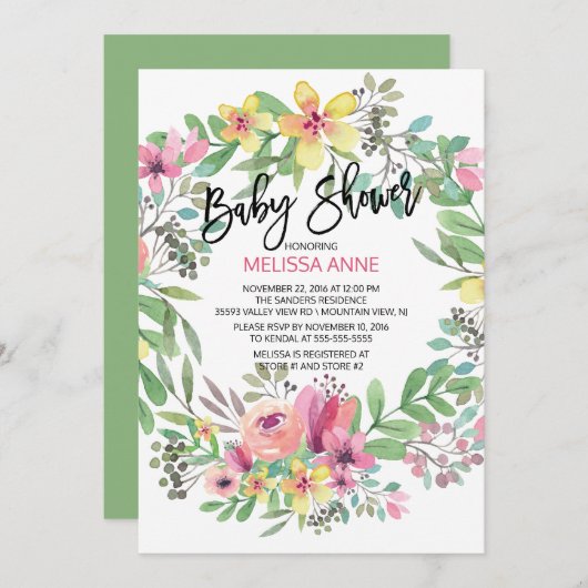 水彩フローラガールズベビーシャワー招待状 招待状 (正面/裏面)