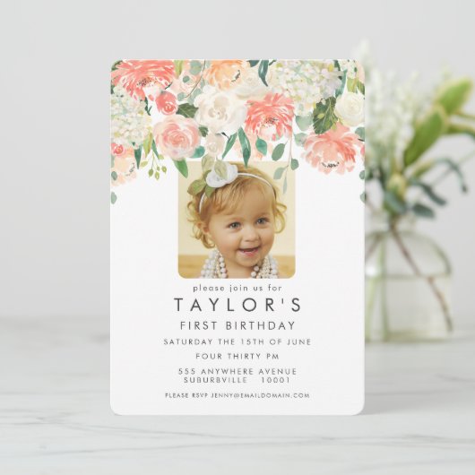 水彩フローラガールズ1stバースデーフォト招待状 招待状 (スタンド正面)