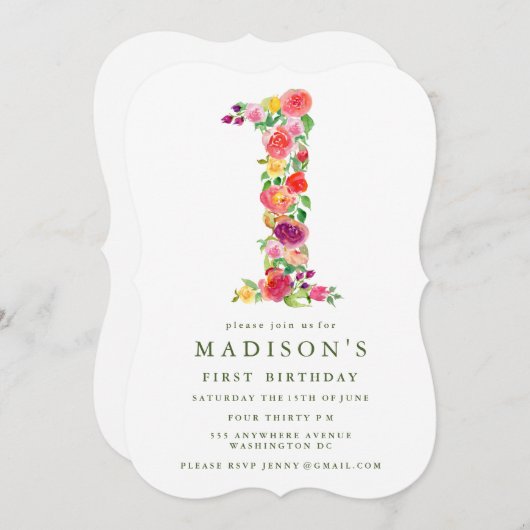 水彩フローラガールズ1st誕生日招待状 招待状 (正面/裏面)