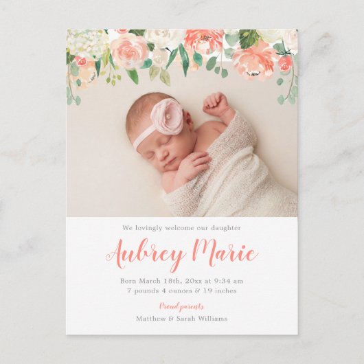 水彩フローラガールフォト誕生 案内ポストカード (正面)