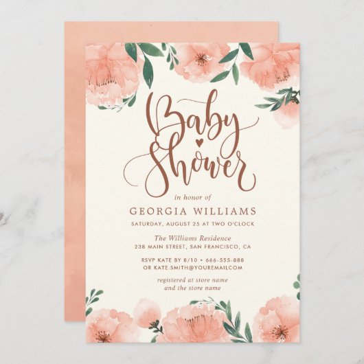 水彩フローラガールベビーシャワー招待状 招待状 (正面/裏面)