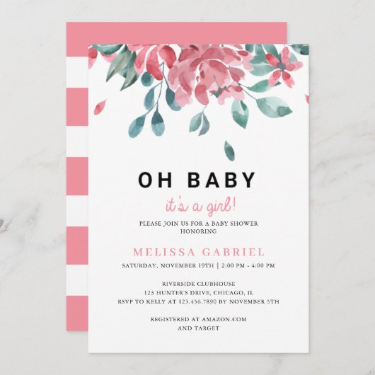 水彩フローラガールベビーシャワー 招待状 (正面/裏面)