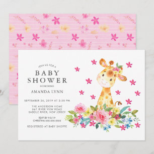 水彩フローラキリン赤ちゃんガールシャワー 招待状
