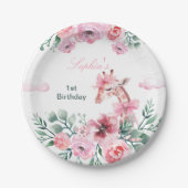 水彩フローラキリンRibbon女の子誕生日 ペーパープレート (正面)