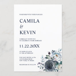 水彩フローラクラシックネイビーブルー結婚ズ 招待状