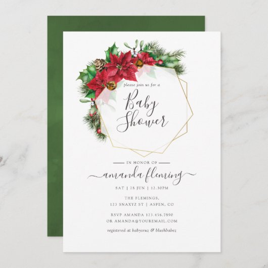 水彩フローラクリスマスジオメトリックベビーシャワー 招待状 (正面/裏面)