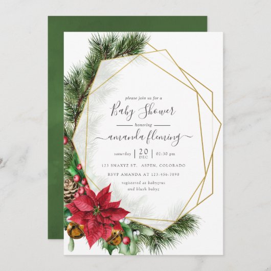 水彩フローラクリスマスジオメトリックベビーシャワー 招待状 (正面/裏面)