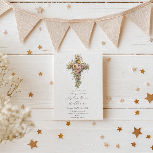 水彩フローラクロスエレガントバプテスマ 招待状