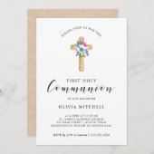 水彩フローラクロスクラフトルックファーストコミュニオン 招待状 (正面/裏面)