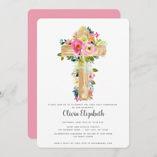 水彩フローラクロス最初の聖餐式 招待状 (正面/裏面)