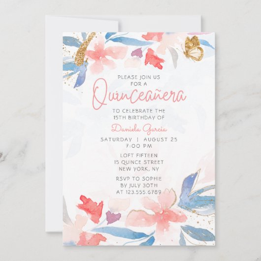 水彩フローラグリッターバタフライキンセアニラ 招待状 (正面)