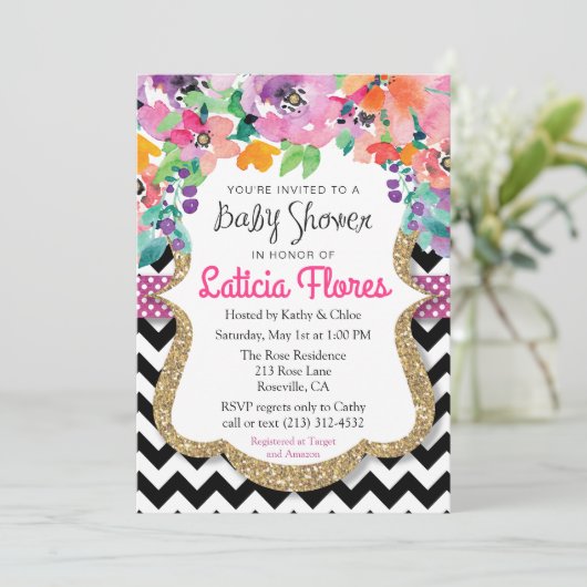 水彩フローラグリッターベビーシャワー招待状 招待状 (スタンド正面)