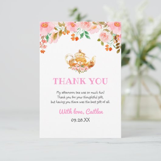 水彩フローラグリーンティーポットパーティー誕生日 サンキューカード (スタンド正面)