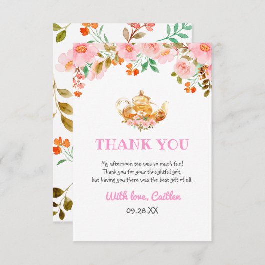 水彩フローラグリーンティーポットパーティー誕生日 サンキューカード (正面/裏面)