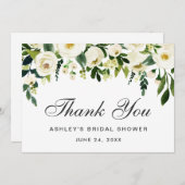 水彩フローラグリーンホワイトブライダルシャワー感謝してい 招待状 (正面/裏面)