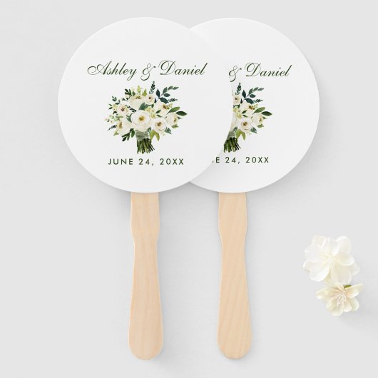 水彩フローラグリーンホワイトブーケ結婚ーズ ハンドファン (正面&裏面)