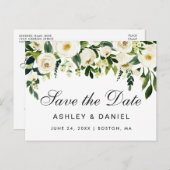 水彩フローラグリーンホワイト日付の保存 案内ポストカード (正面/裏面)