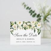 水彩フローラグリーンホワイト日付の保存 案内ポストカード (スタンド正面)