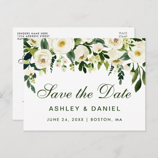 水彩フローラグリーンホワイト日付を保存GS 案内ポストカード (正面/裏面)