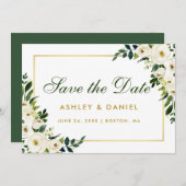 水彩フローラグリーンホワイト日付金ゴールドの保存 セーブザデート (正面/裏面)