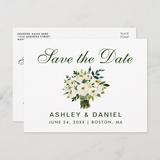 水彩フローラグリーンホワイト日付Bを保存 案内ポストカード (正面/裏面)