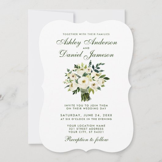 水彩フローラグリーンホワイト結婚ズブーケB 招待状 (正面)