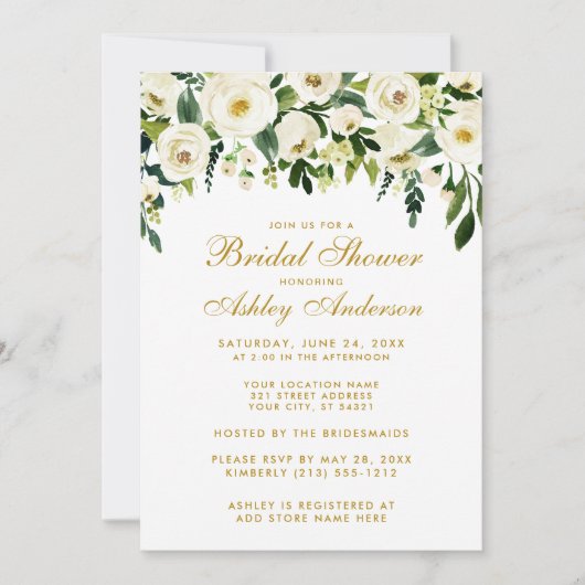 水彩フローラグリーンホワイト金ゴールドブライダルシャワーW 招待状 (正面)
