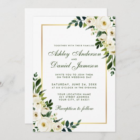水彩フローラグリーンホワイト金ゴールド写真結婚ズ 招待状 (正面/裏面)