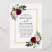 水彩フローラグリーン結婚リー金ゴールド 箔招待状 (正面)