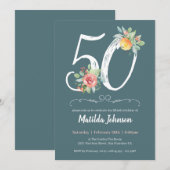 水彩フローラグリーン50th誕生日パーティー 招待状 (正面/裏面)