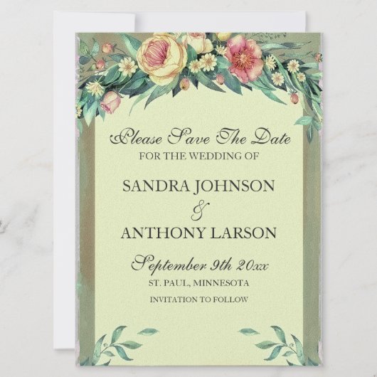 水彩フローラグリーン&ピンク日付を保存 セーブザデート (正面)