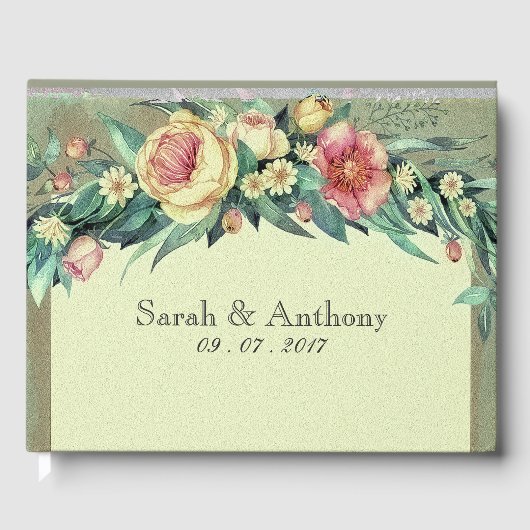 水彩フローラグリーン&ピンク結婚ズゲストブック ゲストブック (正面)