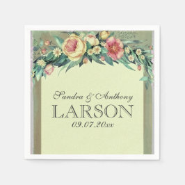 水彩フローラグリーン&ピンク結婚ズナプキン スタンダードカクテルナプキン