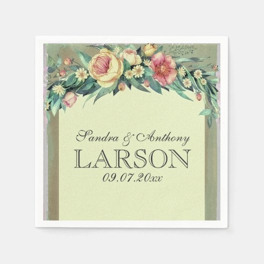 水彩フローラグリーン&ピンク結婚ズナプキン スタンダードカクテルナプキン (正面)