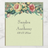 水彩フローラグリーン&ピンク結婚ズ ワインラベル (シングルラベル)