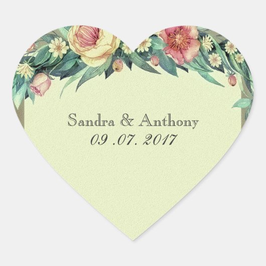 水彩フローラグリーン&ピンク結婚式用シール ハートシール (正面)