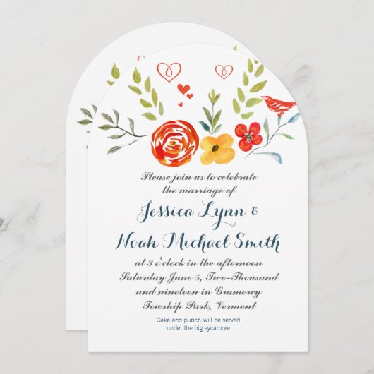 水彩フローラコーラルイエローグリーンブルー結婚ズ 招待状 (正面/裏面)