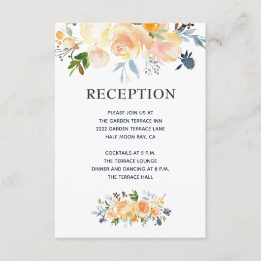 水彩フローラコーラルネイビーウェディングレセプション エンクロージャーカード (正面)
