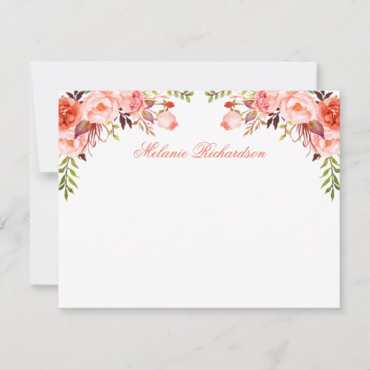水彩フローラコーラルパーソナライズされた ノートカード (正面)