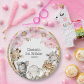 水彩フローラサファリアニマルズ牡丹誕生日 ペーパープレート (パーティー)