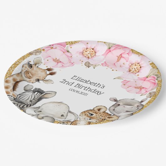 水彩フローラサファリアニマルズ牡丹誕生日 ペーパープレート (アングル)