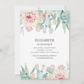 水彩フローラサボテンベビーガール.子供の誕生日 招待状 (正面)